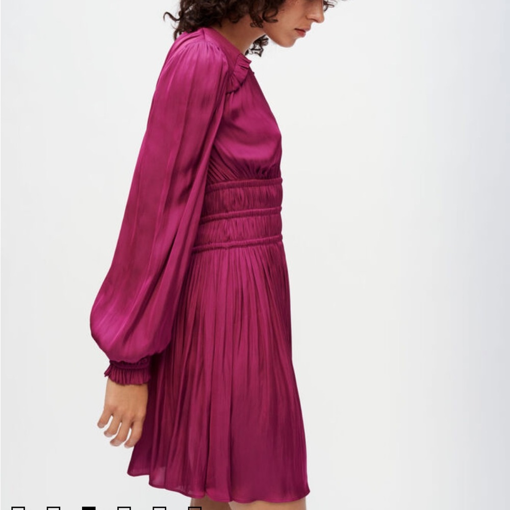 Maje satin dress with ruffles in magenta. - Picture 3 of 7